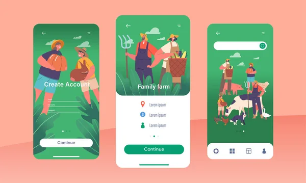 Family Farm Mobile App Page Onboard Screen Template Landbouwers Karakters — Stockvector