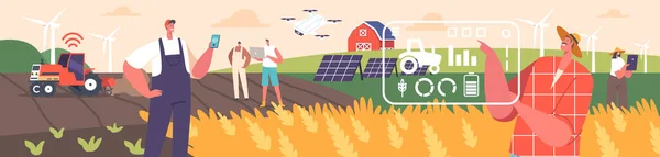 農家の男性と女性のキャラクターは Iot Techのスマート技術ファームで働く作物収量を最適化し 効率を向上させるために高度な技術を採用しています 漫画人ベクトルイラスト — ストックベクタ