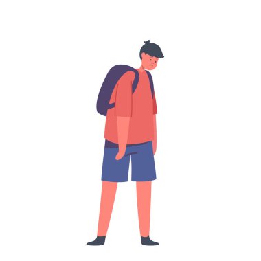 Somurtkan bakışlı, çökmüş duruşlu, melankolik ve hayal kırıklığı dolu bir duruş sergileyen, beyaz arka planda mahsur kalmış bir okul çocuğu karakteri. Çizgi film İnsanları Vektör İllüstrasyonu