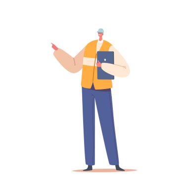 Fabrika Mühendisi Erkek Karakteri Üretim Sürecini İzlemek için Tablet Kullanıyor, Verileri Analiz Ediyor, Operasyonları İyimser Oluyor. Control Workflow Üretim Kalitesi. Çizgi film İnsanları Vektör İllüstrasyonu