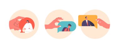 Olumsuz ya da Olumlu Yorumlar Paylaşım, Eller Tutuşan Konuşma Baloncuklarıyla Kişiler Hakkında Kötü ve İyi Düşünceler. İsimsiz İnsanların Yargılamaları ve Dedikoduları Simgeleri Yuvarlıyor. Çizgi film Vektör İllüstrasyonu