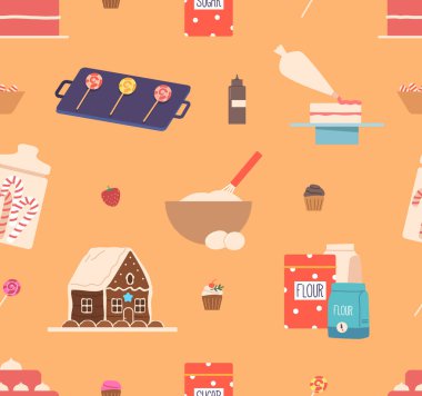 Unlu, tereyağlı, şekerli, yumurtalı ve sütlü hamur işi. Tasarım, mutfak dekorasyonu ya da ambalaj malzemeleri için mükemmel bir yineleme motifi yaratır. Çizgi film Vektör İllüstrasyonu