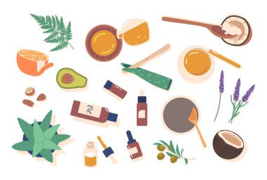 Doğal yağlar üretmek için kullanılan malzemeler arasında taşıyıcı yağlar, temel yağlar, damla şişeleri, huniler ve beyaz arka planda izole edilmiş karıştırma kapları gibi aksesuarlar var. Çizgi film Vektör İllüstrasyonu