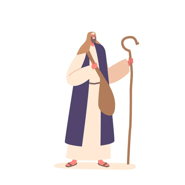 以色列古代有杖的人 有胡子的男性角色穿着长袍 头戴沙袍 头戴木棍 头戴典型的时代头饰 卡通人物矢量图解 — 图库矢量图片