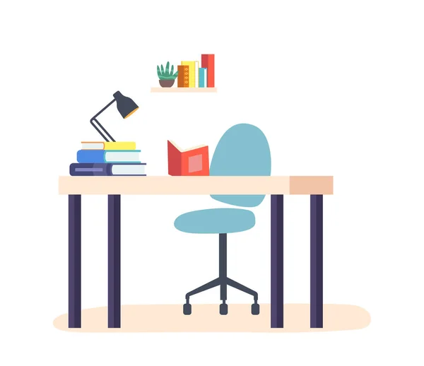 Stůl Knihami Lampou Židlí Studentské Pracoviště Připraveno Studiu Získávání Znalostí — Stockový vektor