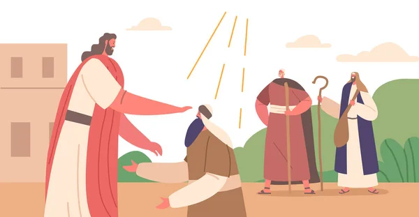 イエスは膝の上に立つ人を 立ち上がって歩きなさいと命じ すぐに彼の強さと機動性を回復させます 登場人物との宗教シーン 漫画人ベクトルイラスト — ストックベクタ