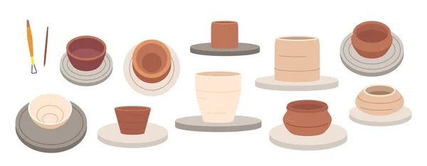 Set Beautifully Crafted Handmade Clay Pots Skilled Potters Showcase Creativity — Stock Vector