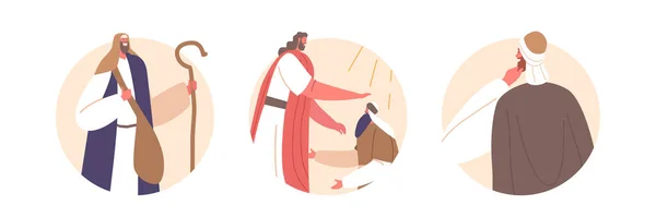 Icônes Rondes Isolées Avec Scène Biblique Jésus Guérit Les Personnages — Image vectorielle