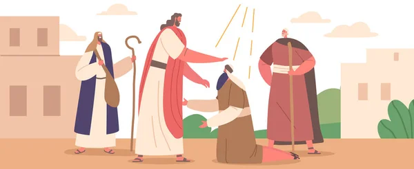 Jezus Uzdrawia Człowieka Stojącego Kolanach Dokonując Cudów Demonstrując Swoją Boską — Wektor stockowy
