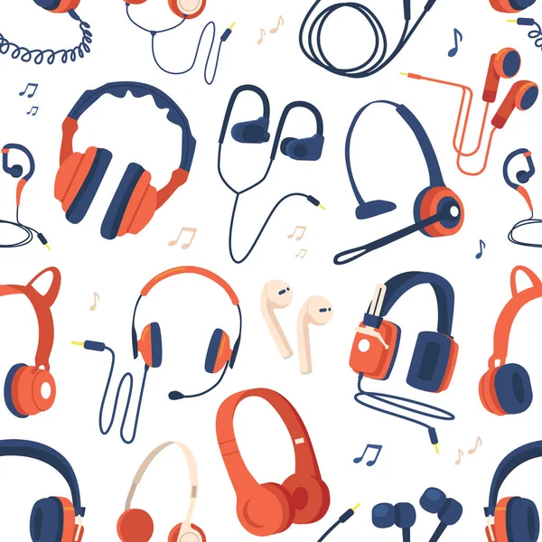 Headphones Seamless Pattern Featuring Different Styles Types Headphones Music Notes — Stock Vector