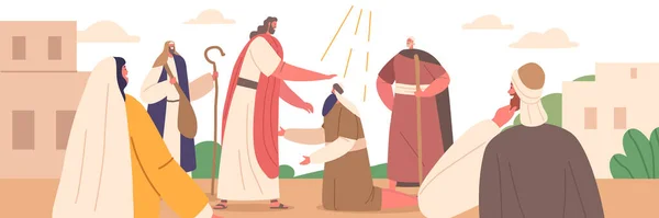 Biblijna Scena Jezus Uzdrawia Chorych Znaków Różnych Dolegliwości Tym Niewidomych — Wektor stockowy