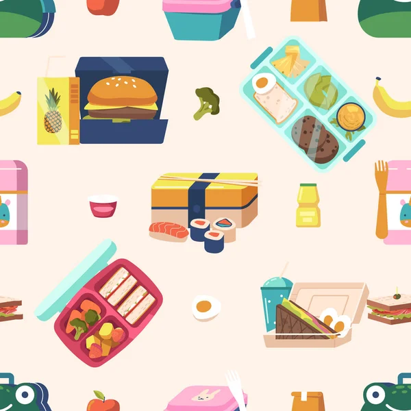 Lunchbox Naadloos Patroon Met Kleurrijke Assortiment Van Lunchboxen Verschillende Maten — Stockvector
