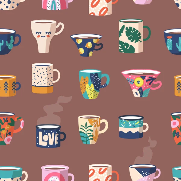 Şirin Kahve Çeşitli Renkte Çay Fincanlarıyla Kusursuz Bir Desen Çeşitli — Stok Vektör