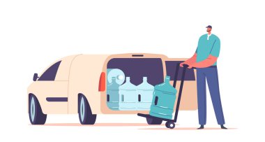 Van Trolley 'deki Express Su Teslimat Şirketi çalışanı. İçişleri ve Ofis Soğutma için Plastik Su Şişeleri ile. Üniformalı Aqua giyen İşçi Erkek Karakteri. Çizgi film Vektör İllüstrasyonu