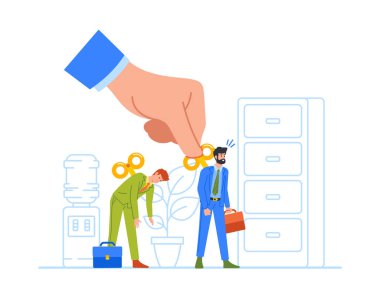 Patronun eli, çalışanları çalışmaya zorlamak için metal kilidi kullanıyor. Ofis İşçisi Karakterleri, yanmış şirket çalışanlarını idare eden müdürün kuklalarıdır. Çizgi film İnsanları Vektör İllüstrasyonu
