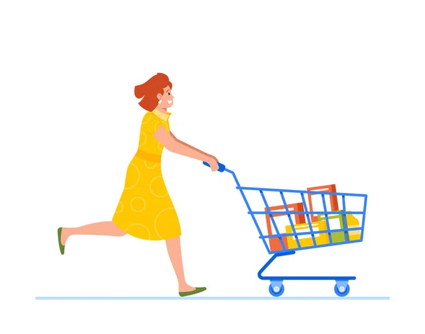 Running Woman Character Pushing Shopping Cart Hurry Grab Groceries Complete — Stock Vector
