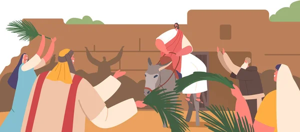 Palm Sunday Biblical Narrative Scene Jesus Character Enters Jerusalem Donkey — Stock Vector