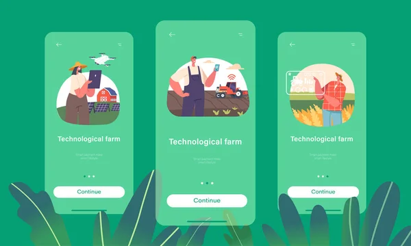 Technological Farm Mobile App Page 스크린 템플릿 농부들은 농장에서 일한다 — 스톡 벡터