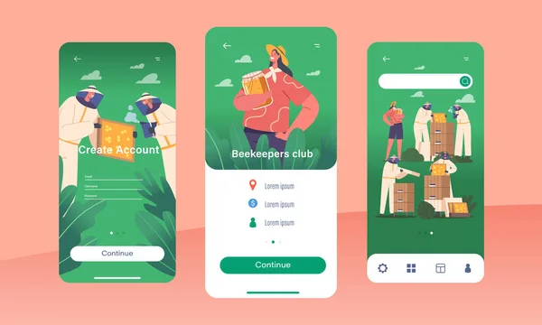Imkers Club Mobile App Page Onboard Screen Template Apiarist Karakters — Stockvector
