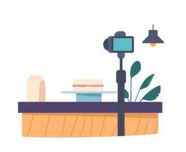 Video Kamera Mutfak Arkaplanındaki Pastayla Masa Önünde Dur. Tatlı Etkilendirici Ekipmanı Pasta, Tatlı veya Pişmiş Ürünler Üretimi için Kayıt Kursu. Çizgi film Vektör İllüstrasyonu