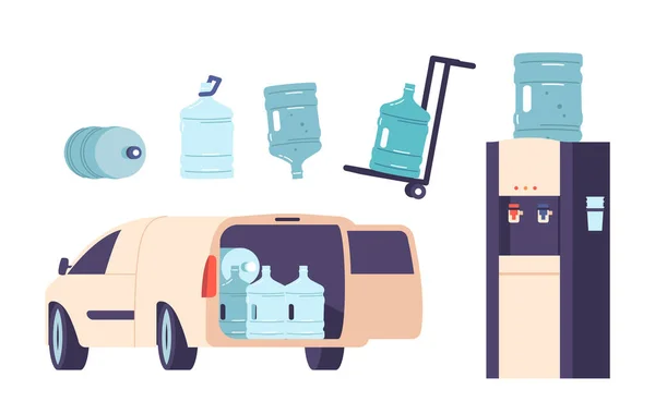 Set Van Water Delivery Service Equipment Items Auto Met Plastic — Stockvector