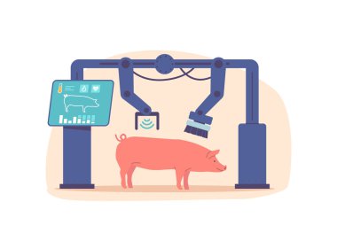 Akıllı Çiftlikte Domuz Yıkama Süreci, Su Jetleri ve Fırça Temizleme Hayvanları ile Robot Makinesi. Domuzları Verimli ve Hijyenik Temizleme Teknolojisi. Çizgi film Vektör İllüstrasyonu
