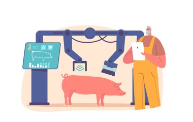 Çiftçi, akıllı çiftlikteki domuz yıkama işlemini su jetleri ve fırçalarla robot makinesiyle yönetiyor. Domuzları Verimli ve Hijyenik Temizleme Teknolojisi. Çizgi film Vektör İllüstrasyonu