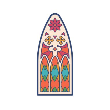 Kilisedeki dini temalı lekeli pencere kilisenin iç güzelliğini ve önemini arttırıyor. Katolik haçları olan renkli dekoratif kemerli pencere. Çizgi film Vektör İllüstrasyonu