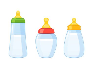Beyaz arka planda meme uçlu şeffaf Bebek Sütü Şişeleri. Beyaz sıvılarla dolu çeşitli boyutlarda yeni doğmuş çocukları beslemek için cam ya da plastik kaplar. Çizgi film Vektör İllüstrasyonu