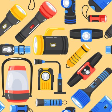 Tekrarlanan Tasarımda Flashlights, Seyahat temalı Arka plan, Kamp ve Turistik Stil Duvarları ve Diğer Yaratıcı Projeler İçin Kusursuz Örnekler. Çizgi film Vektör İllüstrasyonu