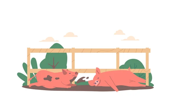 Pigs Relaxing Mud Enjoying Natural Habitat Intelligent Animals Use Mud — Stock Vector