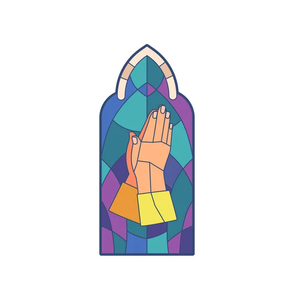 Fereastra Sticlă Prezintă Mâinile Rugăciune Într Mozaic Colorat Radiind Aură — Vector de stoc