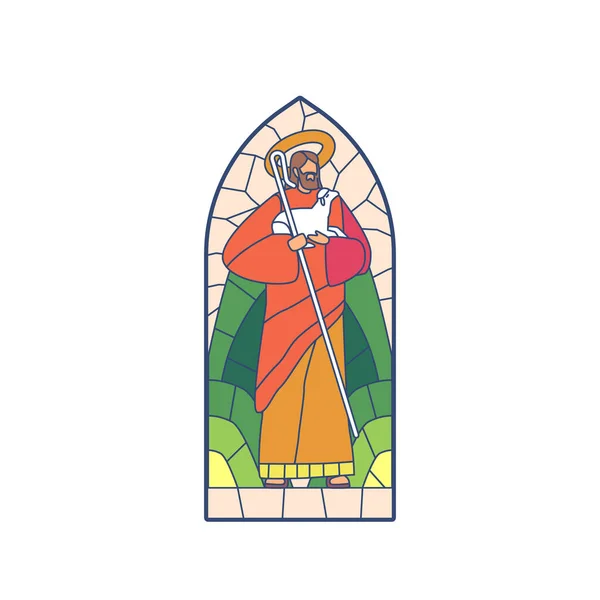 Окна Витражах Изображением Иисуса Держащего Руках Посох Пастуха Ягненка Демонстрирующего — стоковый вектор