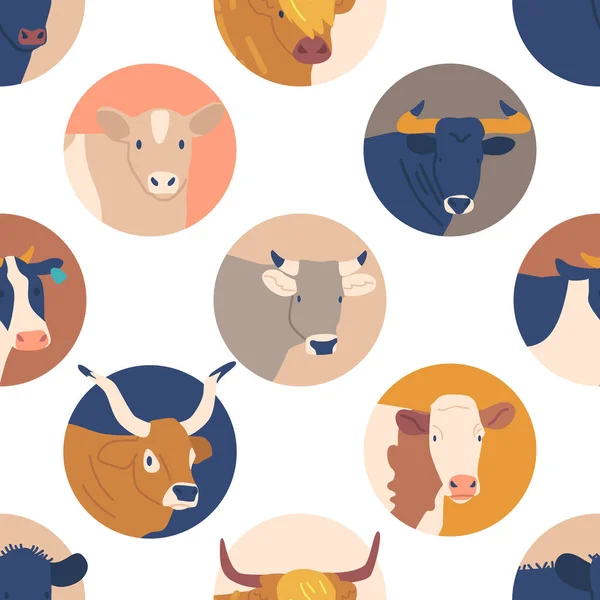 无缝图案特色奶牛和公牛头颅内的圆形图标 设计融合了各种色彩和尺寸 创造了一个有趣和有趣的外观 卡通矢量图解 — 图库矢量图片