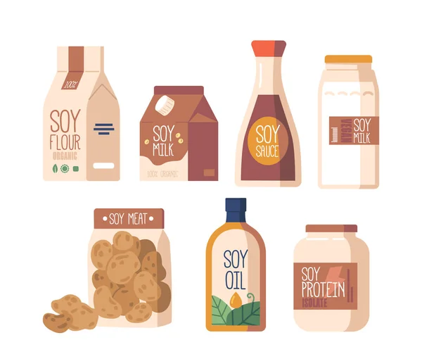 Prodotti Base Soia Vari Imballaggi Tra Cui Latte Soia Carne — Vettoriale Stock
