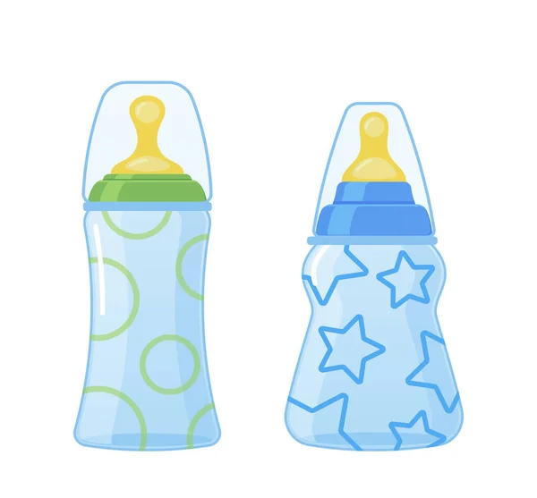 Botellas Leche Para Bebés Recién Nacidos Diferentes Tamaños Materiales Patrones — Archivo Imágenes Vectoriales