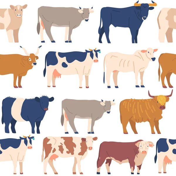 适用于纺织品 墙纸和文具的无缝制奶牛和公牛图案 有趣的 活泼的 有趣的设计 适合农场主题的项目和动物爱好者 卡通矢量图解 — 图库矢量图片