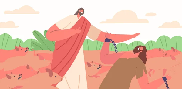 Yesus Mengusir Siluman Dari Seorang Pria Mengirimnya Dalam Sekelompok Babi - Stok Vektor