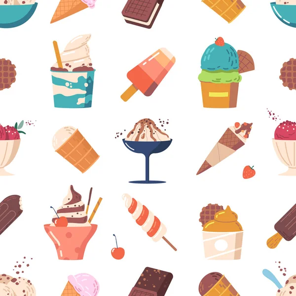 Бесшовный Узор Мороженым Разноцветным Игривым Разнообразным Вкусом Мороженого Повторяющемся Узоре — стоковый вектор
