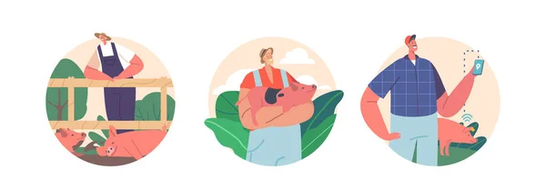 Iconos Redondos Aislados Avatares Los Personajes Del Agricultor Que Tienden — Archivo Imágenes Vectoriales