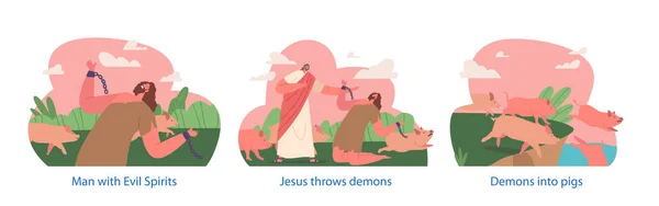 Biblical Testament Scenes Jesus Christ Character Expelled Demon Possessed Man — Stock Vector