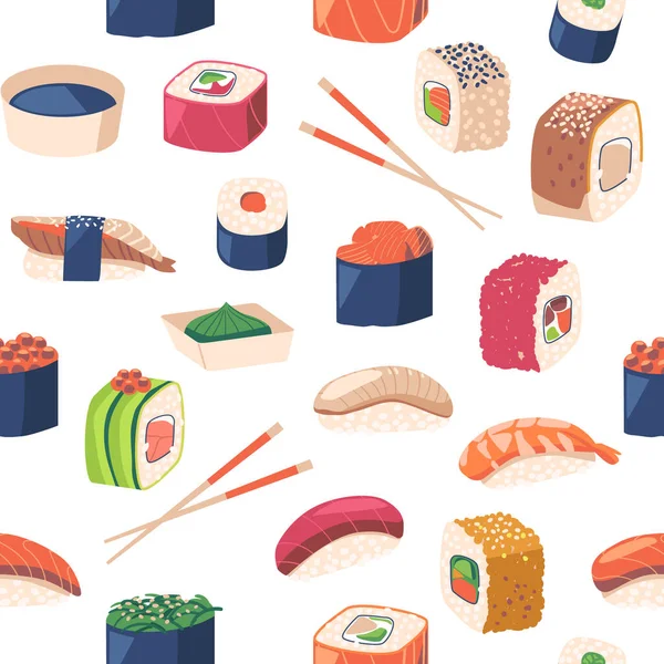 Bezešvé Vzor Sushi Rolls Vlastnosti Variety Japonské Kuchyně Pochoutky Design — Stockový vektor