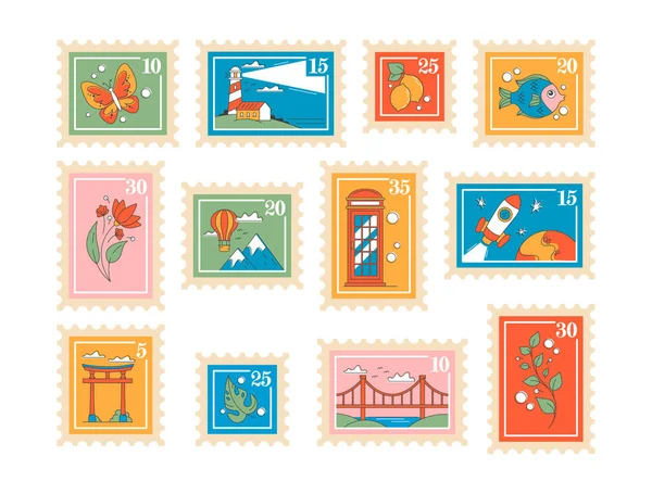 コレクションや日常生活に適した様々なデザインの郵便切手のセットには ユニークでカラフルな花 ビーコン ロケットの複雑な画像が含まれています 漫画ベクターイラスト — ストックベクタ