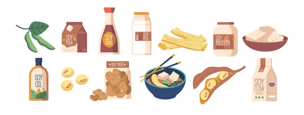 Σύνολο Προϊόντων Σόγιας Συμπεριλαμβανομένων Tofu Σόγια Σάλτσα Γάλα Σόγιας Miso — Διανυσματικό Αρχείο
