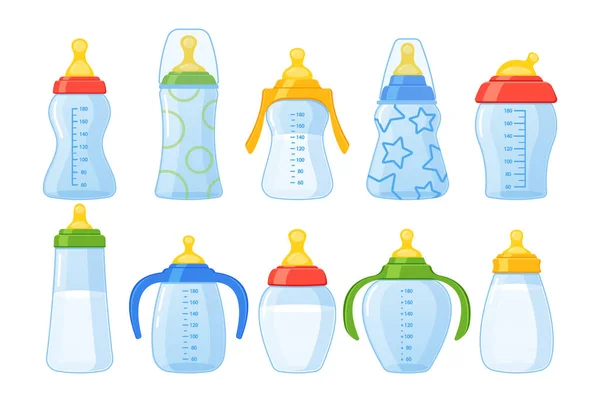 Conjunto Botellas Leche Coloridas Para Niños Incluye Diferentes Tamaños Diseños — Vector de stock