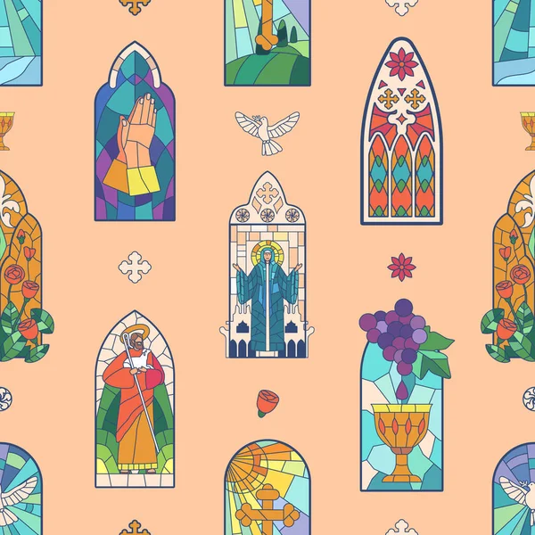 Бесшовный Узор Церковных Витражей Имеет Яркий Красочный Повторяющийся Узор Идеальный — стоковый вектор