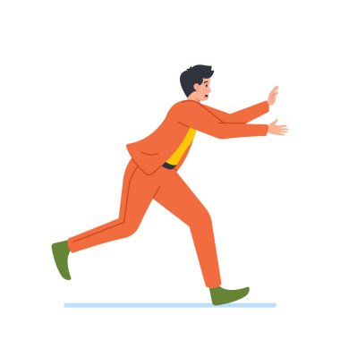 Ofis çalışanı erkek karakter, korkutucu bir ifadeyle koşuyor, beyaz arka planda acil bir durum var diye endişeli ya da korkmuş görünüyor. Çizgi film İnsanları Vektör İllüstrasyonu