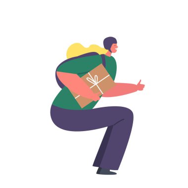 Kurye Kız Paketi Teslim Ediyor. Üniformalı ve Miğfer Giyen Kadın Bir Paket Tutuyor, Beyaz Arkaplan 'da kendi hedefine doğru emin adımlarla yürüyor. Çizgi film Vektör İllüstrasyonu