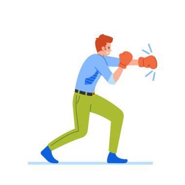 İş adamı boks dövüşü, agresif, rekabetçi, ringde eldivenli erkek karakter yumrukları, kancalar ve aparkatlar. Çizgi film İnsanları Vektör İllüstrasyonu