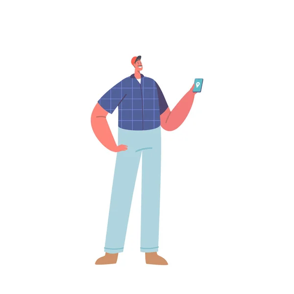 Homme Tenant Téléphone Avec Broche Gps Écran Localisant Destination Naviguant — Image vectorielle
